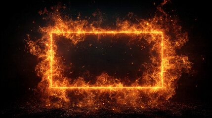 A vibrant orange hot fire frame border with dynamic flames surrounding an empty caption space in the middle. The fiery border creates a bold and intense visual effect, perfect for dramatic or energeti