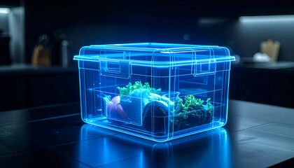 Glowing Blue Digital Food Container on Dark Kitchen Counter
