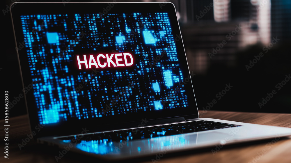 Aufkleber digital intrusion: a stark depiction of cyber vulnerability, with a laptop screen displaying the wor