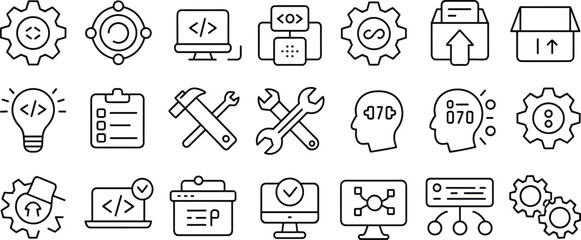 Coding and development line icon set, tools, gears, brains, software, programming elements, perfect for tech UI, editable stroke
