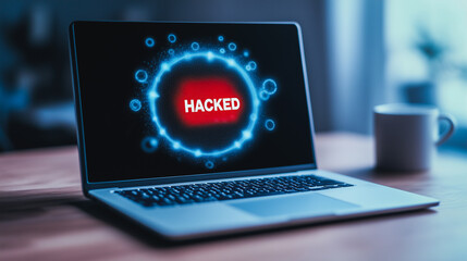Digital Breach: A laptop screen displays a HACKED alert amidst an ethereal blue glow, emphasizing the vulnerability of modern technology. A coffee cup adds a touch of reality to the digital threat.