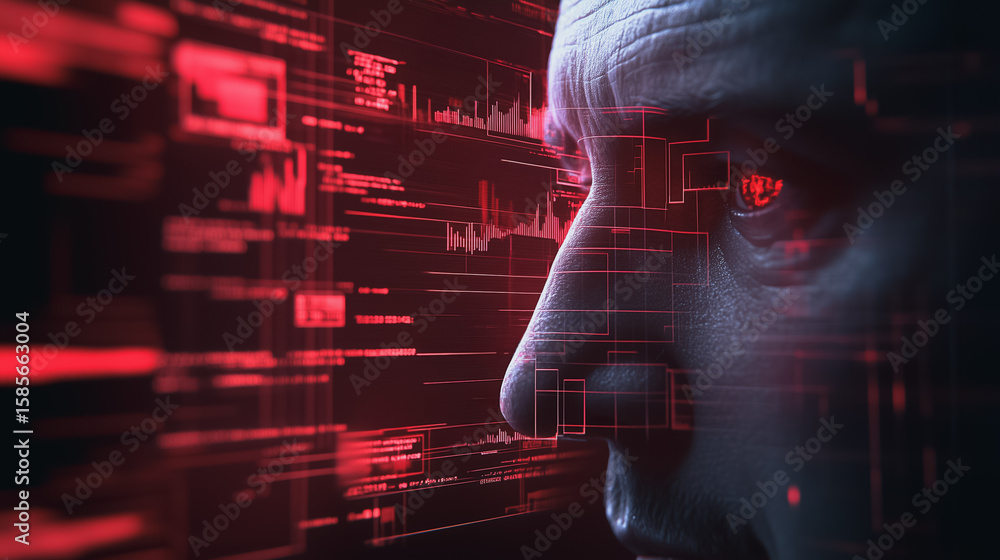 Poster technological vigil: a detailed study captures a pensive gaze of a human face intertwined with dynam