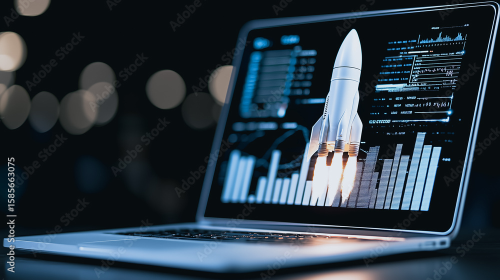 Poster laptop displaying rocket launch and data analysis: a sleek laptop displays a rocket launch juxtapose