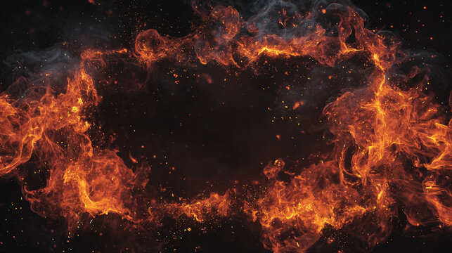 A vibrant orange hot fire frame border with dynamic flames surrounding an empty caption space in the middle. The fiery border creates a bold and intense visual effect, perfect for dramatic or energeti