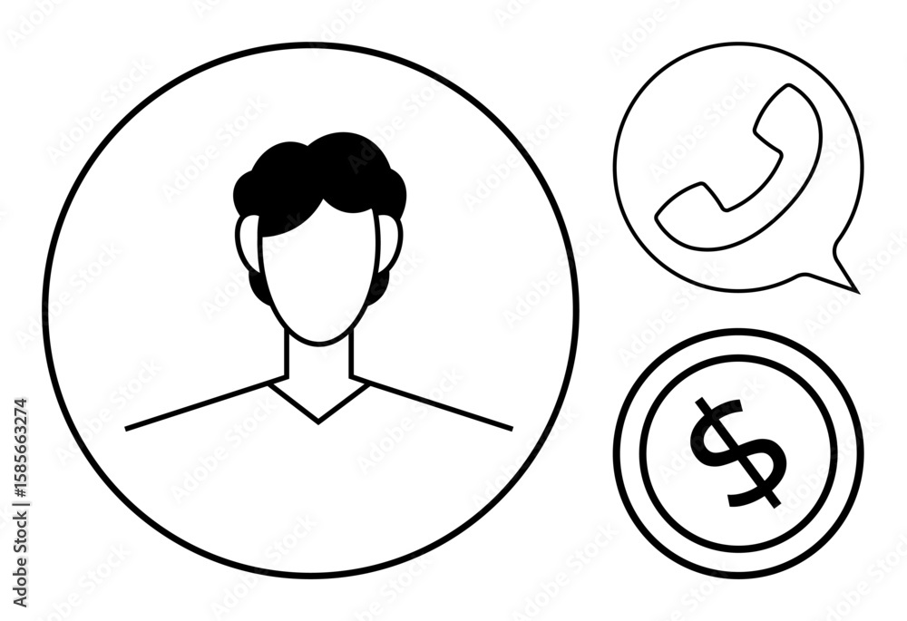 Poster minimalistic design of a person s profile inside a circle with a phone in a speech bubble and a doll