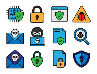 Vector illustration of a Cybersecurity icon pack in solid line style isolated in white background. Modern and minimalist chart illustration