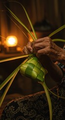 Elderly Woman's Delicate Hands Weaving Ketupat: A Traditional Indonesian Craft