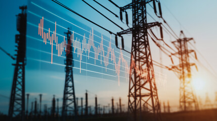 Power Grid with Graphic overlay: The image shows a majestic power grid, silhouetted against a stunning dusk sky. With a graphic overlay representing financial data.