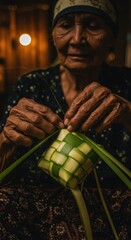 Elderly Woman Skillfully Weaving Ketupat: A Traditional Indonesian Craft