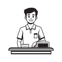 Vector image of a cashier working in front of a cash register, showing a professional figure serving customers in a friendly manner.