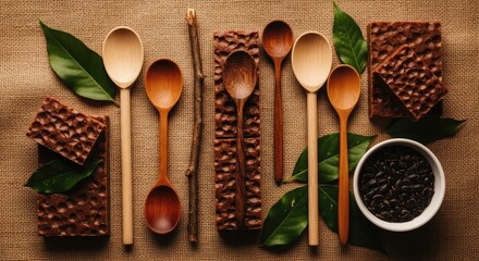 Wooden spoons chocolate bars green leaves coffee beans