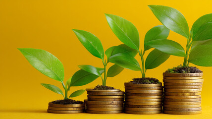 Money growth concept with plants growing from stacks of coins on yellow background