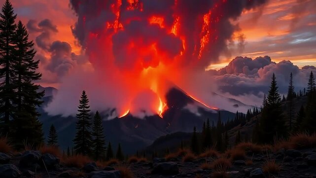 Majestic volcano erupts, its fiery lava flows painting a dramatic landscape at sunset with pine trees