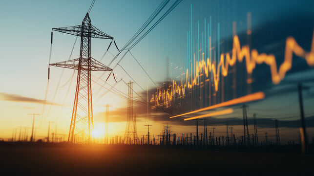 Power Grid: The imposing presence of an electrical pylon towers against a backdrop of a sunrise, subtly interweaved with a data visualization.