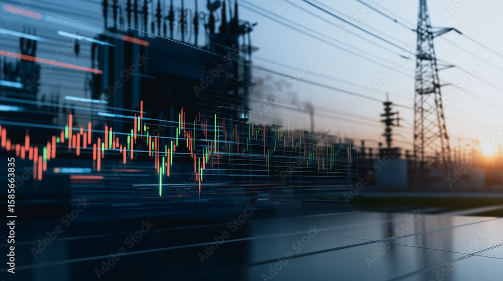 Poster powering the future: a dynamic composition of power lines and substations, intertwined with financia