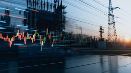 Powering the Future: A dynamic composition of power lines and substations, intertwined with financial graphs.