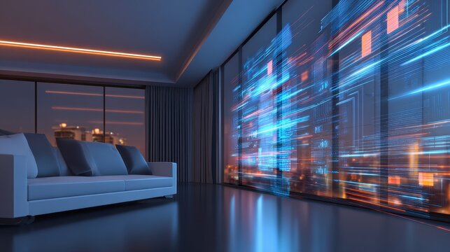 Modern living room with a futuristic cityscape view at night, showcasing digital lights