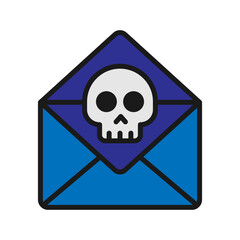 Vector illustration of a Open Envelope with Skull in solid line style isolated in white background. Modern and minimalist chart illustration