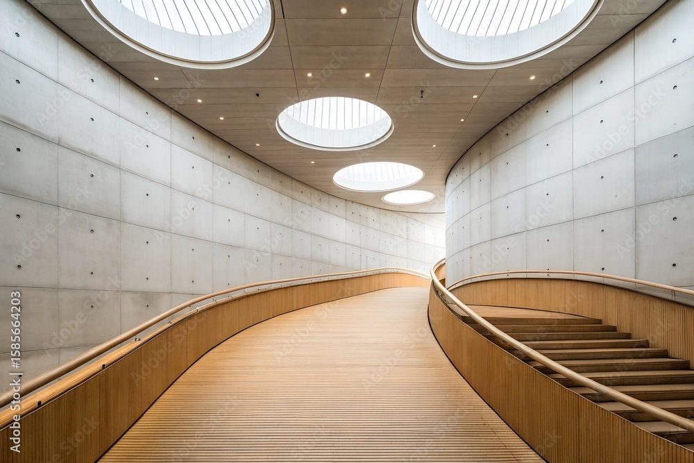 Poster modern architecture with circular skylights and curved wooden pathway