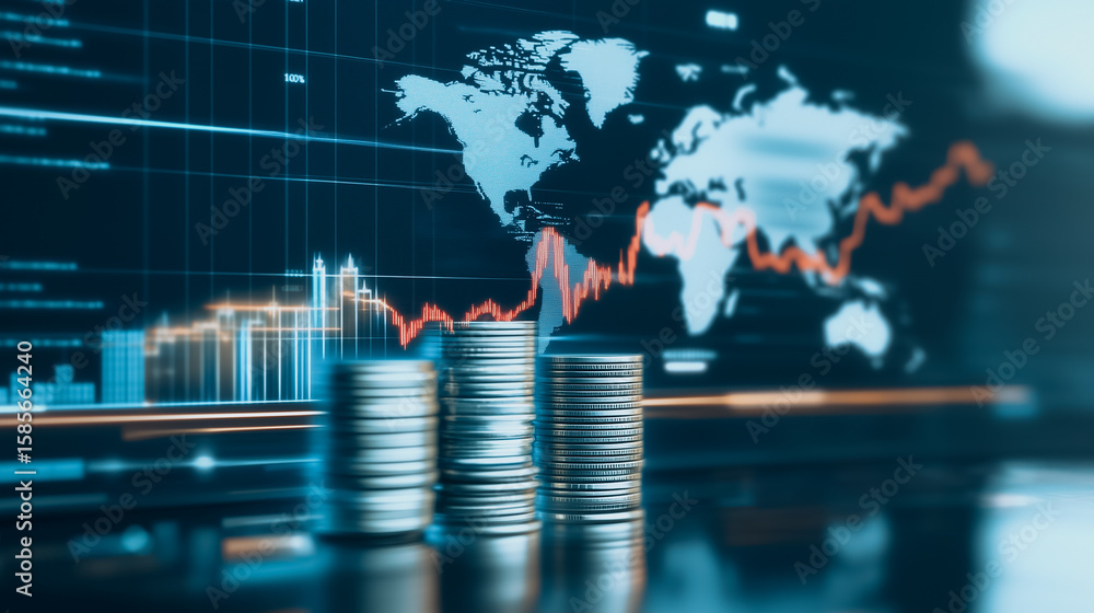 Poster global finance pulse: stacks of coins stand before a digital world map displaying dynamic market tre