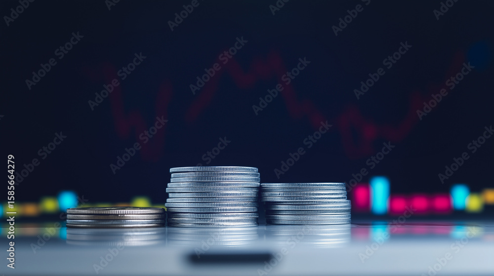 Poster stacked coins with graph backdrop: stacks of metallic coins, positioned in front of a blurred graph,