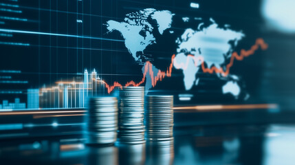 Global Finance Pulse: Stacks of coins stand before a digital world map displaying dynamic market trends, symbolizing global finance and investment strategy.