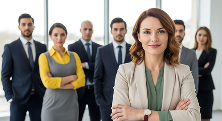 Confident businesswoman arms crossed smiling in beige blazer green top with blurred business team background