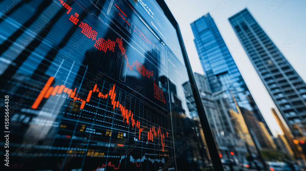 Poster market analysis: a modern data graph, representing financial data, is displayed against a backdrop o