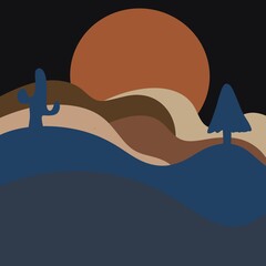 illustration Minimalist desert and forest landscape illustration with abstract hills and sun in warm earth tones. Perfect for modern wall art, nature posters, or digital backgrounds.