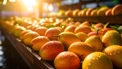 Ripe Mangoes at a Tropical Market in Sunlight
