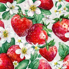 Juicy watercolor strawberries and blossoms, repeating tile for fabric Vibrant Strawberry and Flower Pattern for Fabrics and Wallpapers