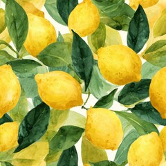 Fresh watercolor lemons and green leaves, seamless pattern design Bright Lemon Illustration with Green Leaves