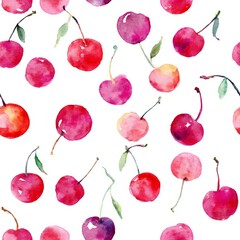 Playful watercolor cherries and stems, repeating pattern for cheerful items Vibrant Watercolor Cherry Pattern for Stylish Designs