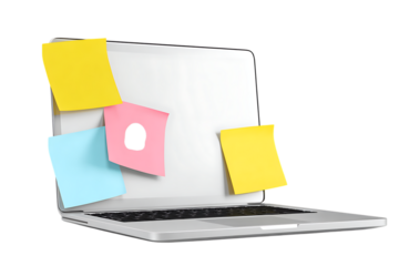 Laptop with colorful sticky notes.  Overwhelmed, busy, productivity concept.