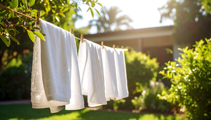 White Cotton Towels Drying on a Clothesline in a Sunny Garden