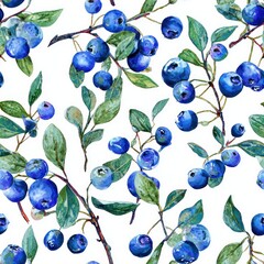 Vibrant watercolor blueberries and branches, seamless background for healthy food Vibrant Blueberry Bushes with Lush Green Leaves