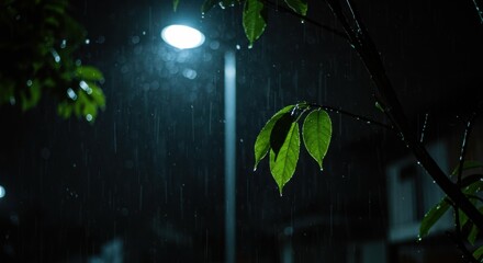 Rainy Night Scene: Green Leaves Under Streetlight in the Pouring Rain