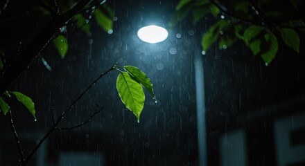 Rainy Night Serenity: Green Leaves Under Streetlight Glow