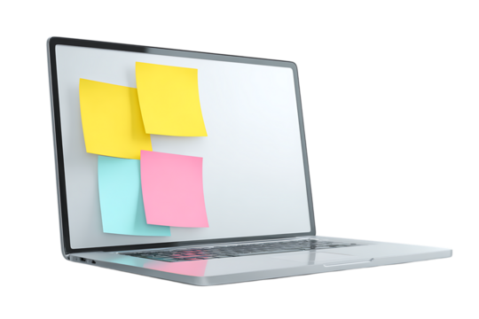 Modern laptop with colorful sticky notes.  Concept of reminders, ideas, tasks, and planning.