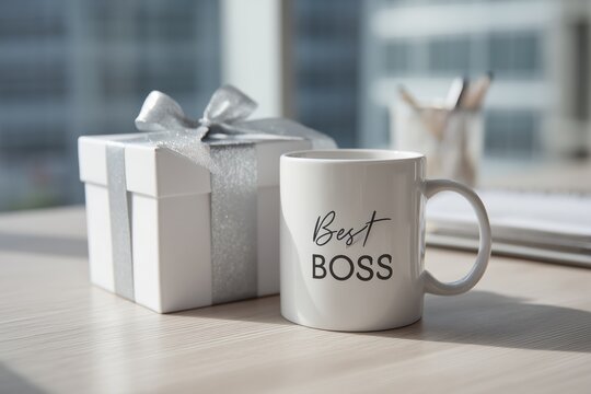 White ceramic mug with "Best Boss" inscription next to a gift box wrapped with a silver ribbon, placed on a modern office desk in soft natural light