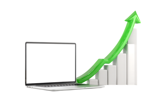 Laptop with upward trending graph, growth concept