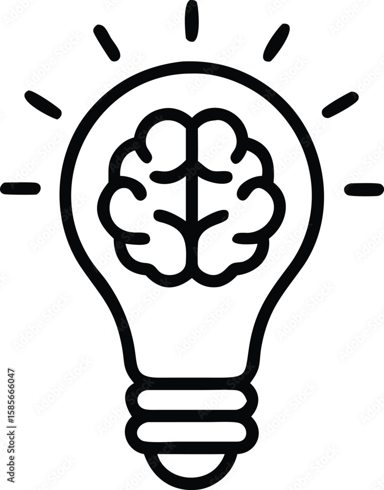 Poster lightbulb with a brain inside and shining rays in simple outline art style