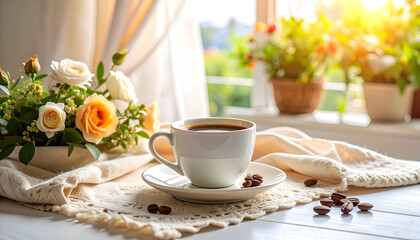 Morning Coffee by the Window with Roses and Sunlight