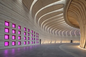 Modern Wooden Corridor with Pink Light Doors &ndash; Curved Architecture and Interior Concept