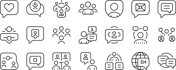 Communication, messaging, chat icons set with people, network, speech bubble, online conversation, social interaction, feedback, support, connection symbols