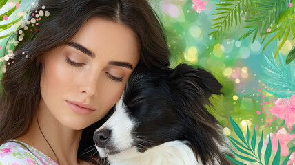 Woman Embracing Border Collie Dog in Dreamy Garden Setting a Tender Moment
