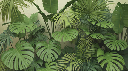 Lush green tropical foliage monstera palm leaves vector