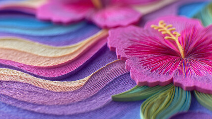 Macro Shot of Pink Hibiscus Flowers with Pastel Colored Paper Waves