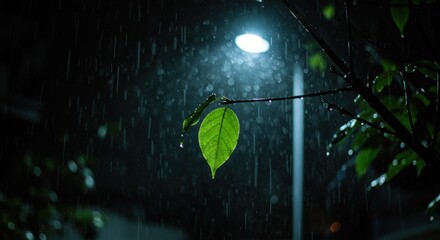 Night Rain: A Single Leaf Illuminated Under Streetlight
