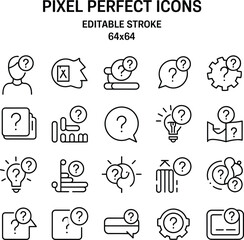 Creative pixel perfect question icons pack, editable stroke, problem solving, idea concept, inquiry design, FAQ, knowledge base set